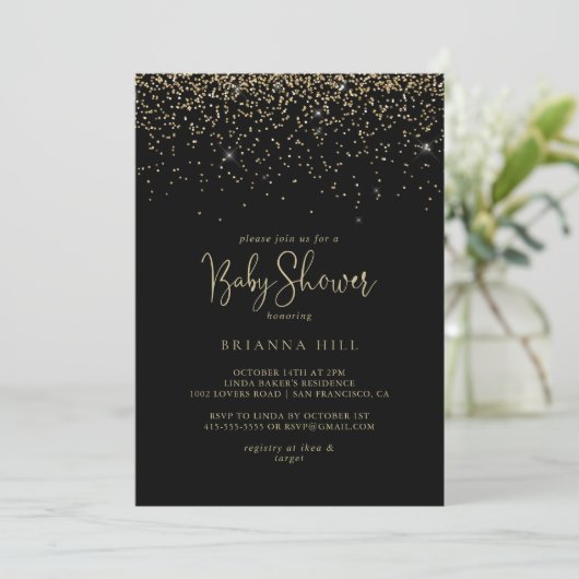 Gold Confetti Calligraphy Script Baby Dusche Einladung (Stehend Vorderseite)