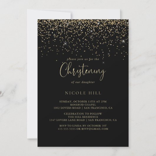 Gold Confetti Calligraphy Script Christening Einladung (Vorderseite)