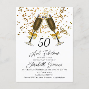 Gold Confetti Champagner Brille 50. Geburtstag Einladungspostkarte