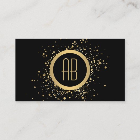 Gold Confetti Circle Monogram Black Business Card Visitenkarte (Vorderseite)