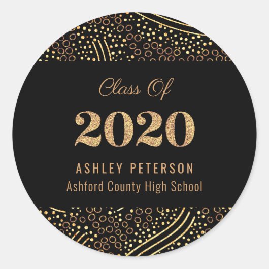Gold Confetti Class of 2020 Black Graduation Party Runder Aufkleber (Vorderseite)