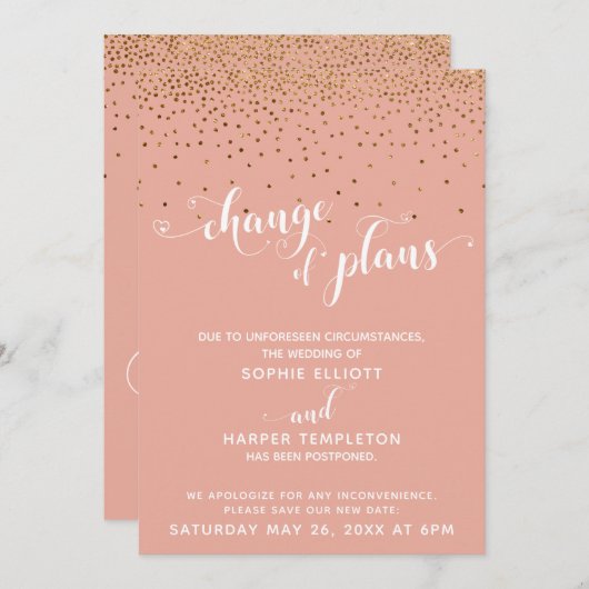 Gold Confetti & Coral "Change of Plans" Karte (Vorne/Hinten)