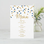 Gold Confetti Dark Blue Wedding Menu Menükarte (Stehend Vorderseite)