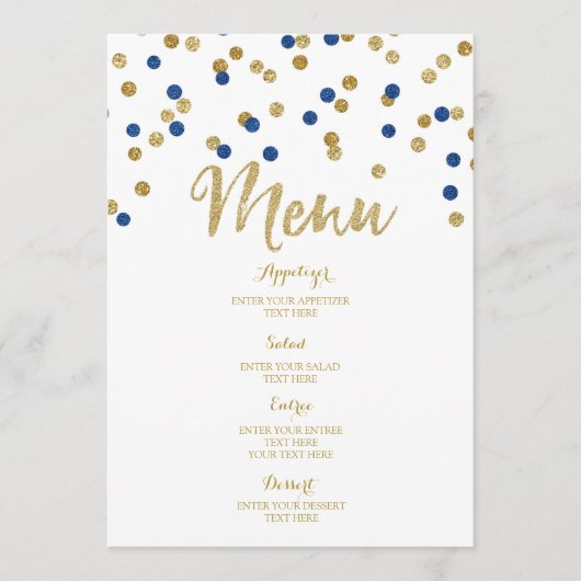 Gold Confetti Dark Blue Wedding Menu Menükarte (Vorderseite)