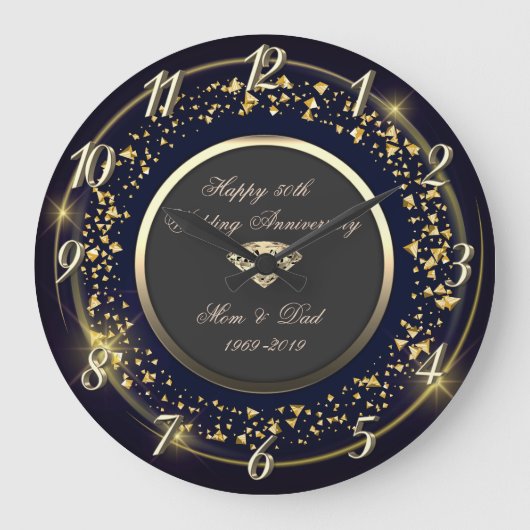 Gold Confetti, Diamant 50. Hochzeitstag Große Wanduhr (Vorderseite)