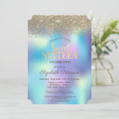 Gold Confetti Diamonds Blue Holographic Sweet 16 Einladung (Stehend Vorderseite)