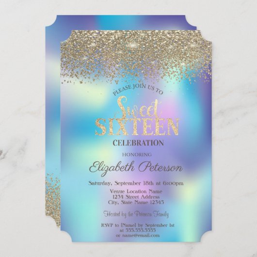 Gold Confetti Diamonds Blue Holographic Sweet 16 Einladung (Vorne/Hinten)