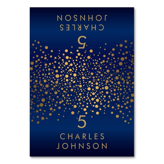 Gold Confetti Dots and Navy Blue - Platzkarten Tischnummer (Vorderseite)