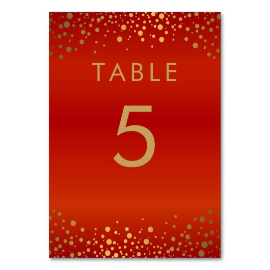 Gold Confetti Dots and Red - Table Card Tischnummer (Vorderseite)