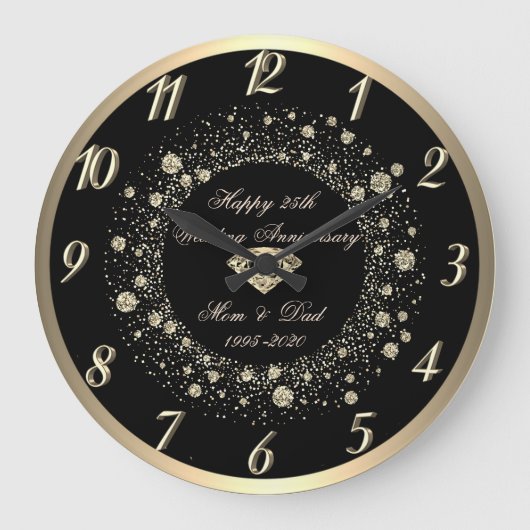 Gold Confetti Dots Black 25. Hochzeit Große Wanduhr (Vorderseite)