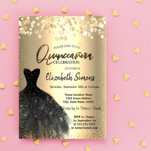 Gold Confetti Dots, Black Dress Quinceañera Einladung