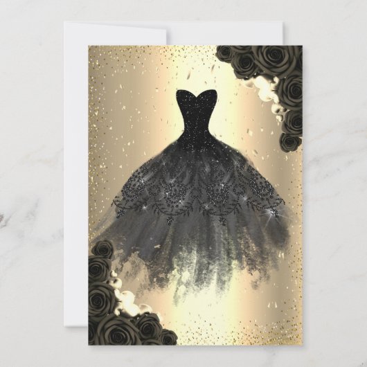 Gold Confetti Dots, Black Dress Rose Quinceañera Einladung (Rückseite)