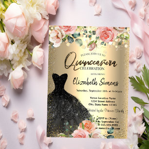 Gold Confetti Dots, Black Dress Rose Quinceañera Einladung