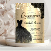 Gold Confetti Dots, Black Dress Rose Quinceañera Einladung