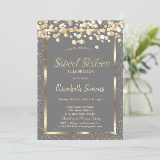 Gold Confetti Dots Brown Sweet 16 Einladung (Stehend Vorderseite)
