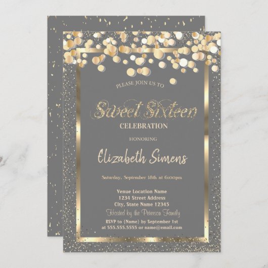 Gold Confetti Dots Brown Sweet 16 Einladung (Vorne/Hinten)