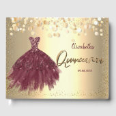 Gold Confetti Dots, Burgundy Dress Quinceañera Gästebuch (Vorderseite)