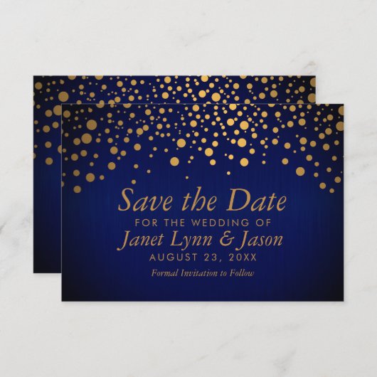 Gold Confetti Dots | Dunkelblau Save The Date (Vorne/Hinten)