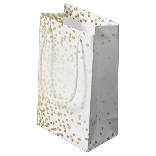 Gold Confetti Dots Elegantes Weißes Tessin Kleine Geschenktüte (Rückseite Schrägansicht)