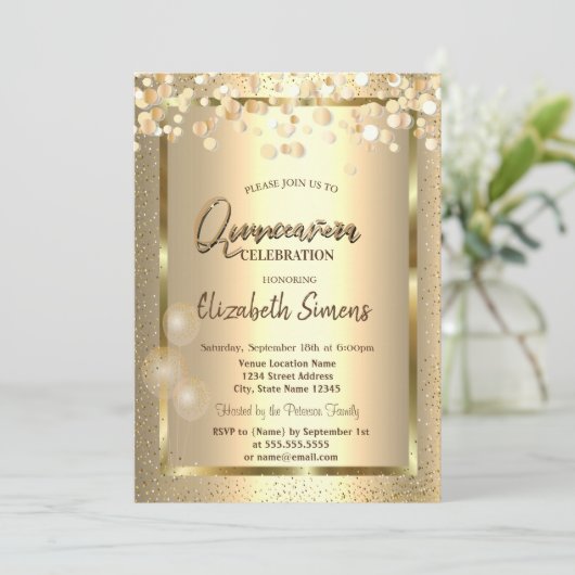 Gold Confetti Dots Frame Balloons Quinceañera Einladung (Stehend Vorderseite)