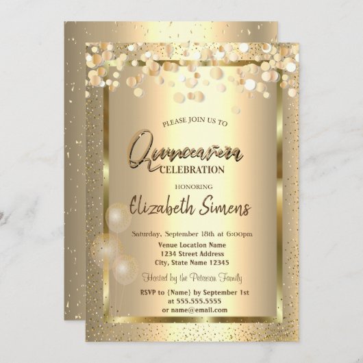 Gold Confetti Dots Frame Balloons Quinceañera Einladung (Vorne/Hinten)