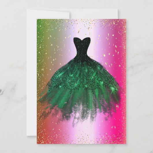 Gold Confetti Dots, grünes Kleid Ombre Quinceañera Einladung (Rückseite)