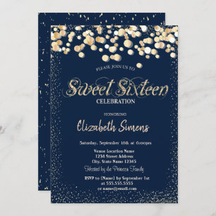 Gold Confetti Dots Navy Blue Sweet 16 Einladung