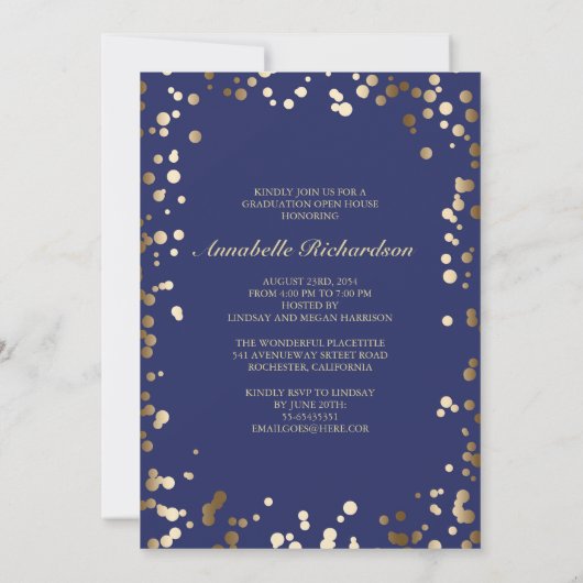 Gold Confetti Dots Navy Elegantes Foto Abschluss Einladung (Rückseite)