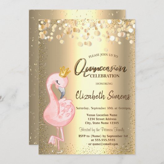 Gold Confetti Dots, rosa Flamingo Crown Quinceañer Einladung (Vorne/Hinten)
