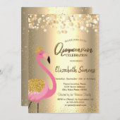 Gold Confetti Dots, rosa Flamingo Quinceañera Einladung (Vorne/Hinten)