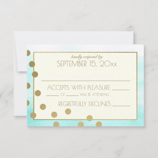 Gold Confetti Dots und Watercolor Wedding Response RSVP Karte (Vorderseite)