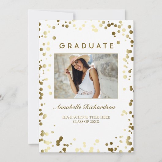 Gold Confetti Dots White Elegantes Foto Abschluss Einladung (Vorderseite)