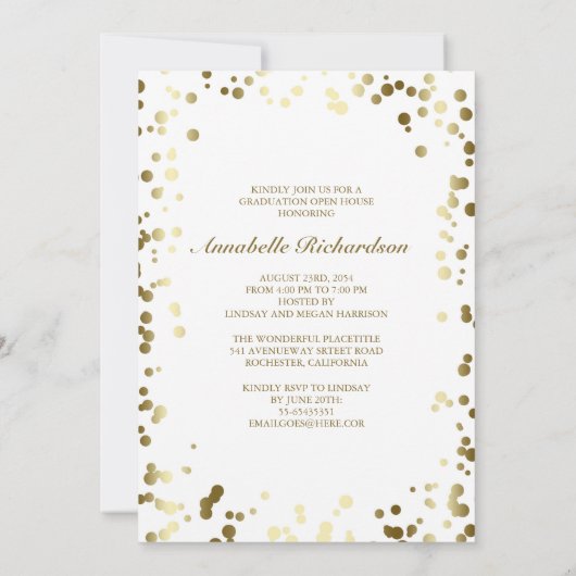 Gold Confetti Dots White Elegantes Foto Abschluss Einladung (Rückseite)