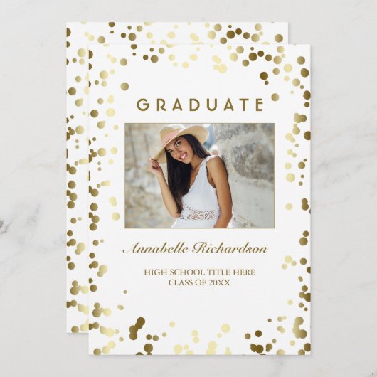 Gold Confetti Dots White Elegantes Foto Abschluss Einladung (Vorne/Hinten)