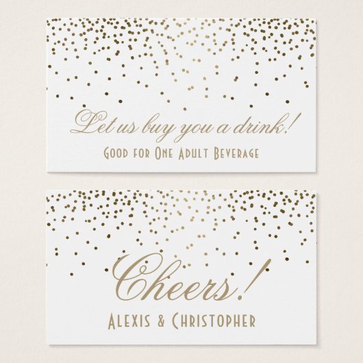 Gold Confetti Dots White Wedding Drinks Tickets (Vorne & Hinten)