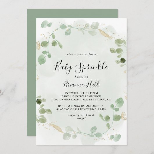 Gold Confetti Eucalyptus Foliage Baby Sprinkle Einladung (Vorne/Hinten)
