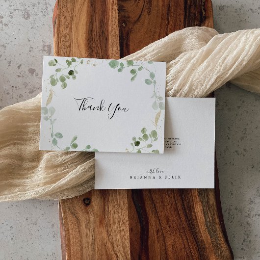 Gold Confetti Eucalyptus Foliage Flat Wedding Dankeskarte