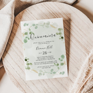 Gold Confetti Eucalyptus Foliage Quinceañera Einladung