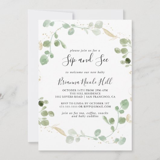 Gold Confetti Eucalyptus Foliage Sip & See Einladung (Vorderseite)