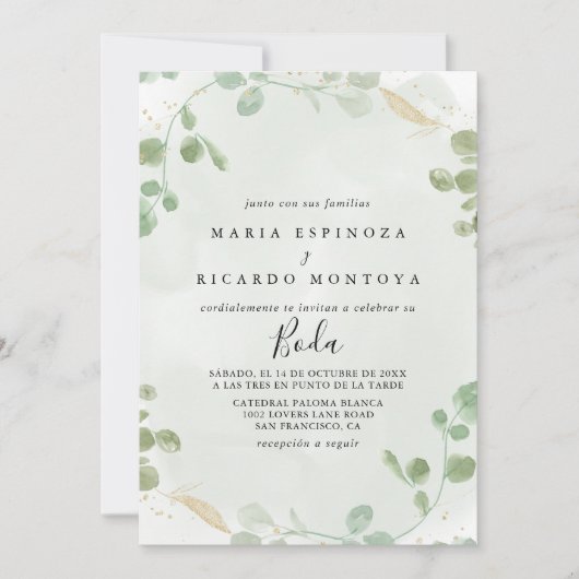 Gold Confetti Eucalyptus Foliage Spanische Hochzei Einladung (Vorderseite)