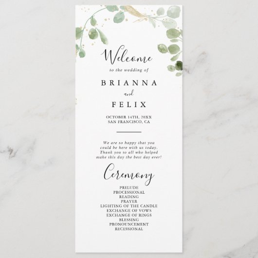 Gold Confetti Eucalyptus Foliage Wedding Programm (Vorderseite)