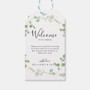 Gold Confetti Eucalyptus Foliage Wedding Willkomme Geschenkanhänger