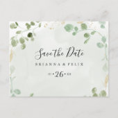 Gold Confetti Eucalyptus Horizontal Save the Date Postkarte (Vorderseite)