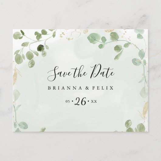 Gold Confetti Eucalyptus Horizontal Save the Date Postkarte (Vorderseite)