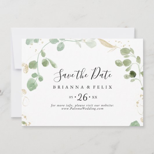 Gold Confetti Eucalyptus Horizontal Wedding Save The Date (Vorderseite)