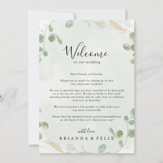Gold Confetti Eucalyptus Wedding Willkommensbrief (Vorderseite)