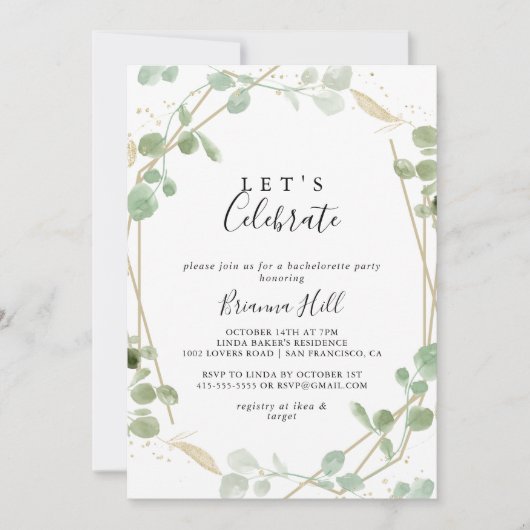 Gold Confetti Eukalyptus Feiern wir Party Einladung (Vorderseite)