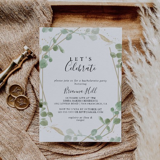 Gold Confetti Eukalyptus Feiern wir Party Einladung