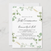 Gold Confetti Eukalyptus Foliage Erste Kommune Einladung (Vorderseite)