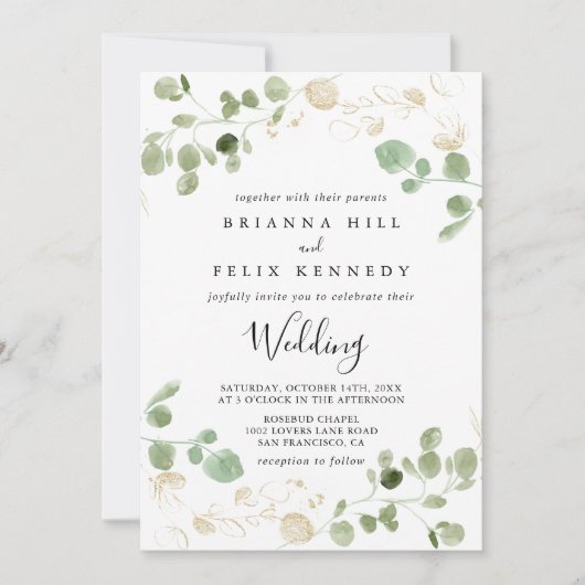 Gold Confetti Eukalyptus Front & Back Wedding Einladung (Vorderseite)